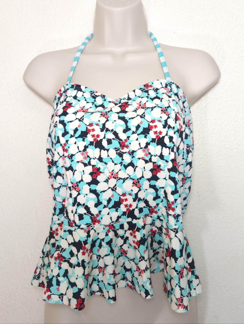 Lime Ricki Floral Peplum Halter Tankini Top in Aqua, Navy & White